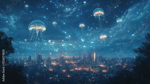 Wallpaper Mural Dreamy Night Cityscape with Floating Jellyfish and Starry Sky in a Vibrant Urban Environment Torontodigital.ca