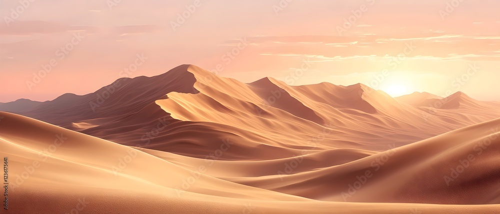 Naklejka premium A serene view of rolling sand dunes at sunset, showcasing soft waves of golden sand under a pastel sky. The landscape evokes a sense of tranquility and vastness.