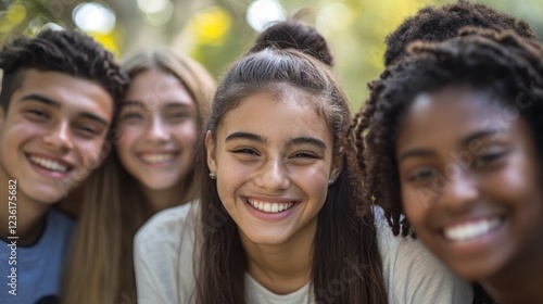 Friends sharing moments outdoors, smiling and enjoying each others company. Youthful joy, diversity in friendships, and carefree laughter in a natural setting.