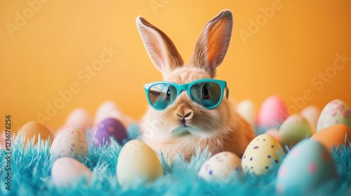 Rabbit wearing sunglasses surrounded by colorful Easter eggs on bright background. Fun and festive scene for spring celebration, holiday decorations, and childrens events. photo