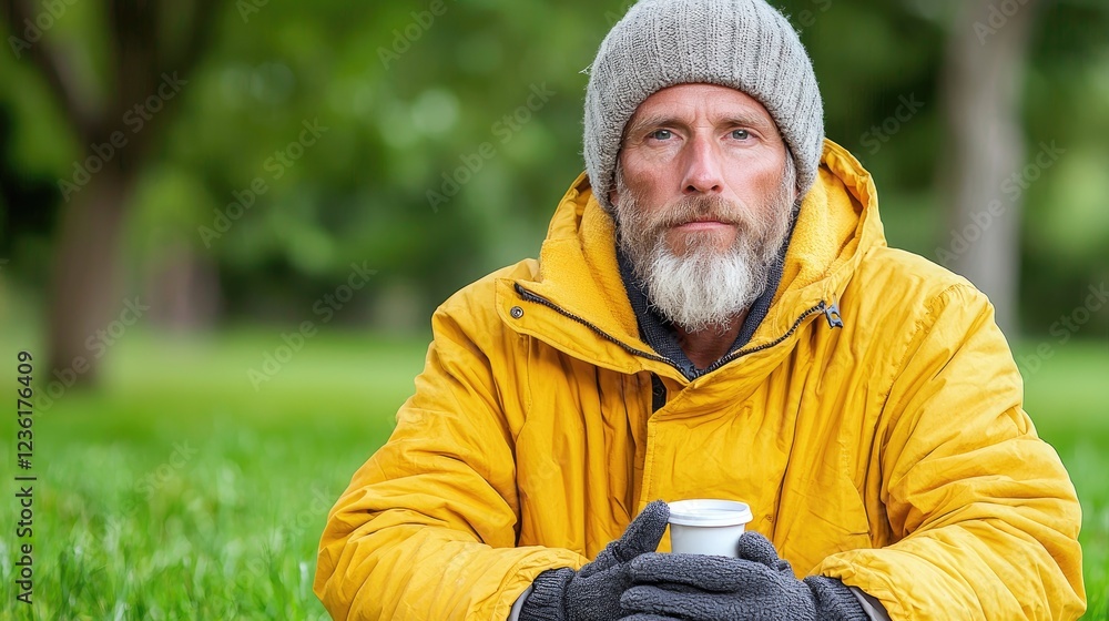 Homeless man park autumn coffee Homeless man park autumn coffee