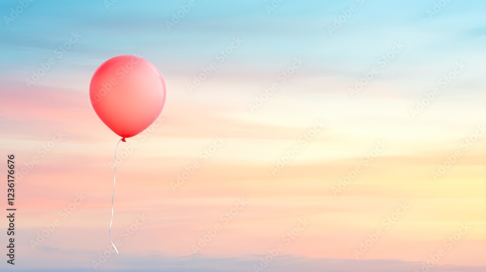 Fototapeta premium A single red balloon floats against a pastel sky, symbolizing celebration or freedom, Perfect for birthday themes, emotional moments, or design projects focused on happiness and whimsy,
