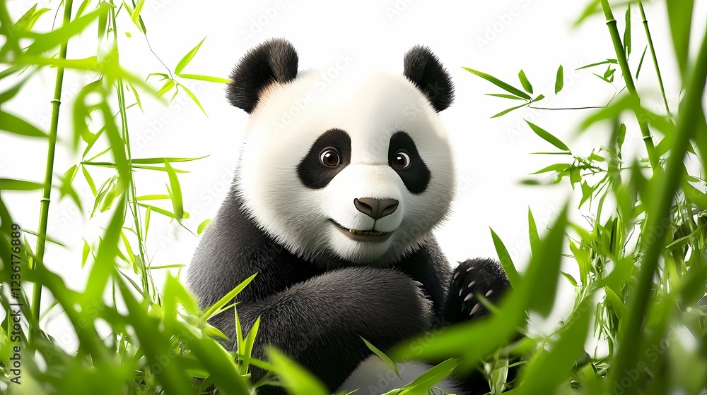 Charming Cartoon Panda Surrounded by Lush Green Bamboo Forest Charming Cartoon Panda Surrounded by Lush Green Bamboo Forest