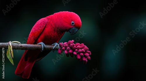 A vibrant red bird perches delicately on a branch adorned with striking pink blossoms, set against a softly blurred dark background, Ideal for nature magazines, educational materials photo