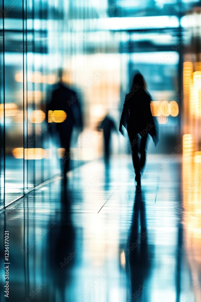 Business professionals walking in a modern office hallway, emphasizing teamwork and collaboration in a corporate environment with blurred lights and reflections. Business professionals walking in a modern office hallway, emphasizing teamwork and collaboration in a corporate environment with blurred lights and reflections.
