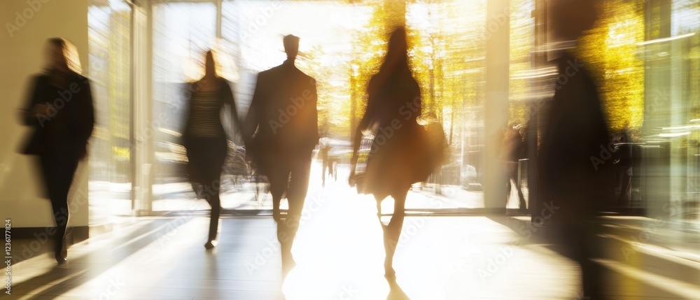 custom made wallpaper toronto digitalBusiness professionals walking through modern office entrance, silhouettes against bright sunlight, symbolizing teamwork, collaboration, and corporate environment goals.