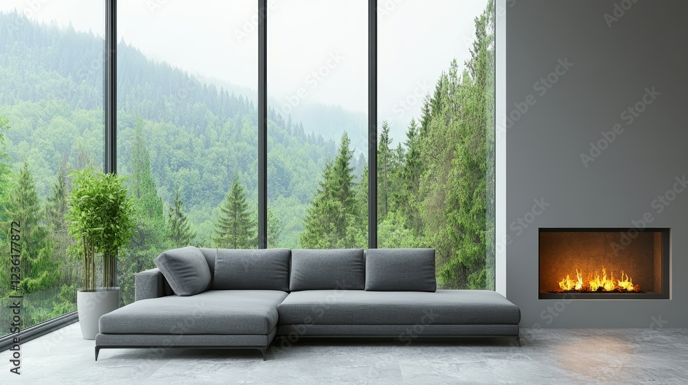 Fototapeta premium A Cozy Living Room With A Gray Sectional Sofa, A Modern Fireplace, And Floor-To-Ceiling Windows Offering A Stunning View Of A Lush Forest. The Overall Vibe Is Calm And Sophisticated.