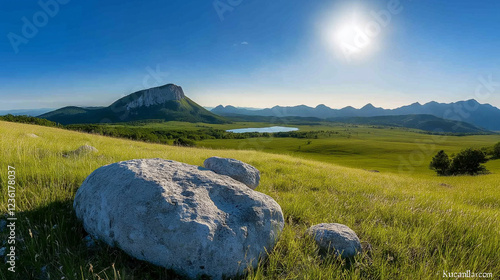 Large rock sits in a grassy field. Minimalistic background.