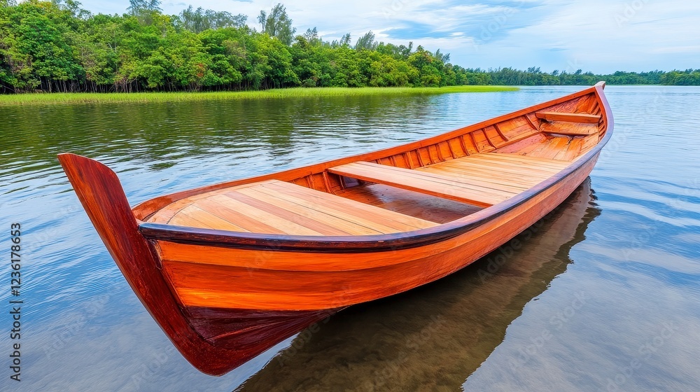 Handcrafted Wooden Boat on Calm Mangrove River Handcrafted Wooden Boat on Calm Mangrove River