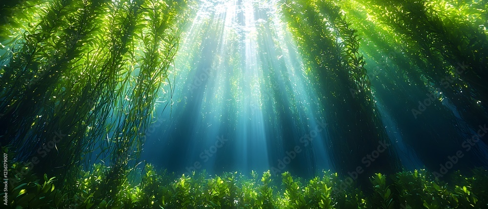 A serene underwater scene featuring lush aquatic plants and beams of sunlight filtering through the water, creating a tranquil, ethereal atmosphere in shades of green and blue. A serene underwater scene featuring lush aquatic plants and beams of sunlight filtering through the water, creating a tranquil, ethereal atmosphere in shades of green and blue.