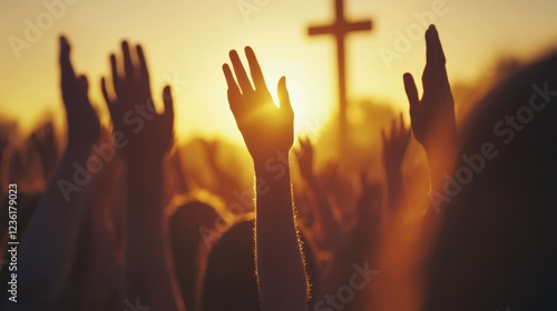 Hands raised in worship during sunset with a cross silhouette, representing community, faith, spirituality, and religious gatherings at an outdoor service.
