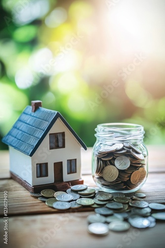 Wallpaper Mural House model and jar filled with coins on wooden table, symbolizing savings, investment, and homeownership in real estate, financial planning and wealth growth. Torontodigital.ca