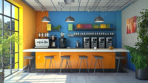 Modern cafe interior with colorful walls, coffee machines, and bar stools.