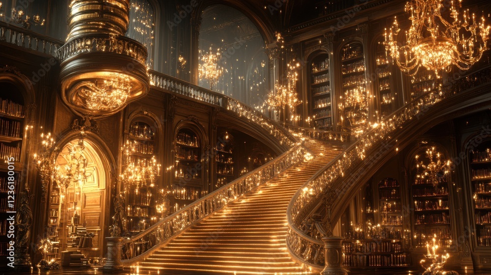 Majestic Staircase in an Enchanted Library with Sparkling Chandeliers and Lush Bookshelves Illuminated by Warm Light Majestic Staircase in an Enchanted Library with Sparkling Chandeliers and Lush Bookshelves Illuminated by Warm Light