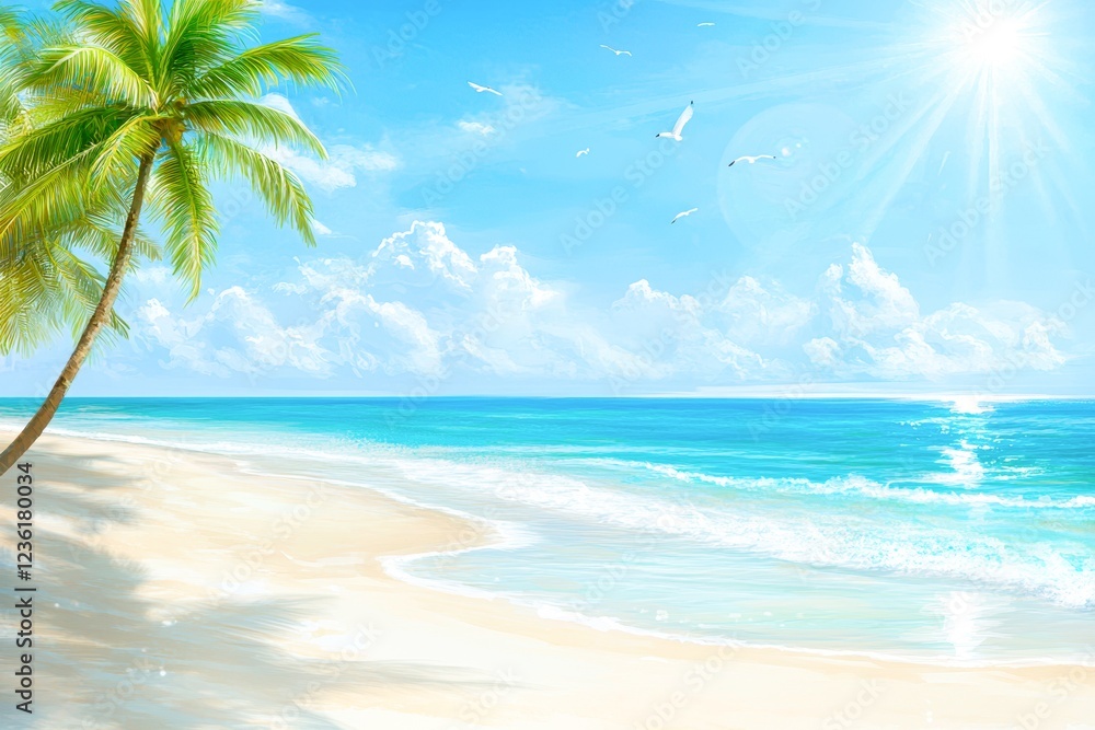 Fototapeta premium A serene beach scene featuring clear blue waters, soft white sand, and palm trees under a radiant sky, Perfect for travel brochures, relaxation themes, and vacation planning,