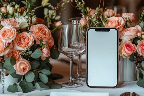 Blank iphone 16 mockup on a laid table during a party with white and blush pink decorations, spring floral garden, luxury chanel decorations