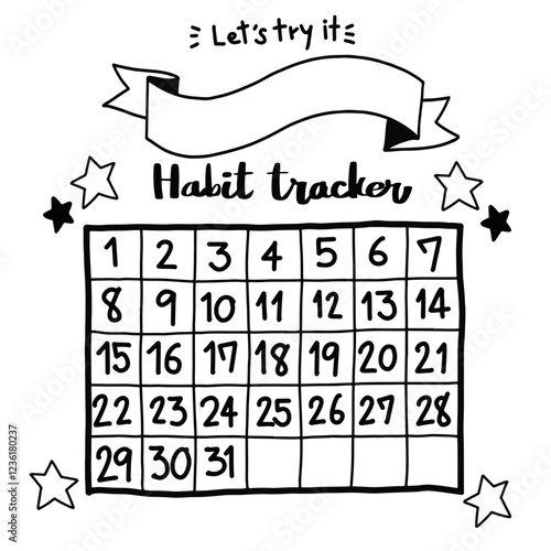 Habit tracker with hand drawn text "Let 's try it" and doodle style. School diary. Stationery notebook on isolate background.