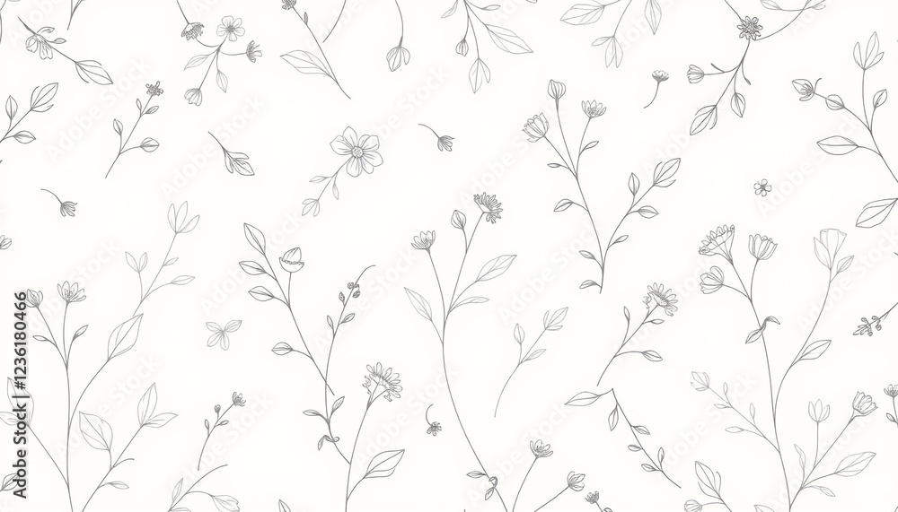 Fototapeta A delicate seamless floral pattern with fine line art flowers and leaves on a soft white background, creating a gentle and elegant botanical design for wallpapers and textiles.