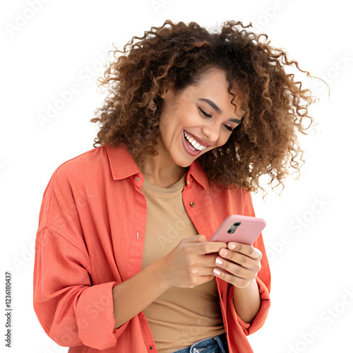 Happy Business Woman Holding Smartphone – Smiling Female with Curly Hair Using Mobile Phone, Social Media, Digital Communication, Isolated on Transparent Background, No Background