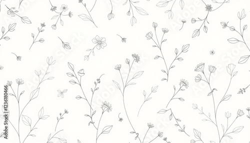 A delicate seamless floral pattern with fine line art flowers and leaves on a soft white background, creating a gentle and elegant botanical design for wallpapers and textiles.