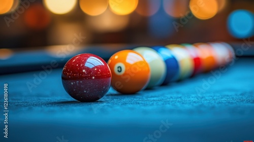 Pool balls lined up, bar, night, game, blurry lights photo