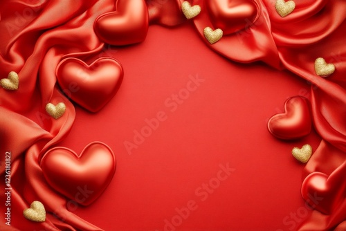 Romantic Red Satin and Golden Hearts Valentine's Day Background