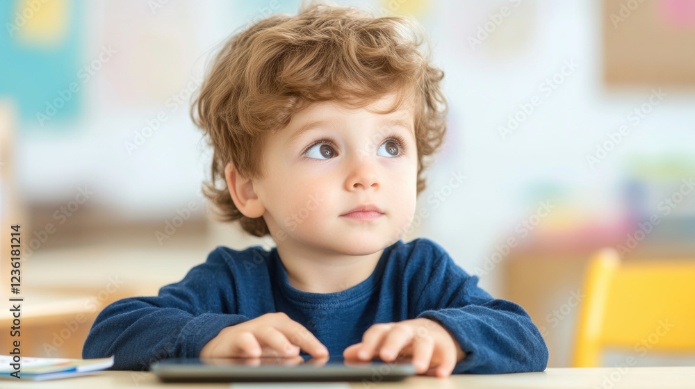Curious Caucasian Child Engaged with Technology in Classroom Setting Curious Caucasian Child Engaged with Technology in Classroom Setting