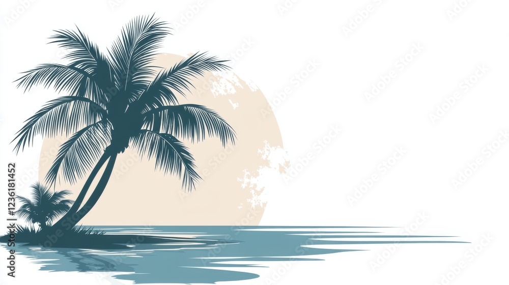 Serene Tropical Landscape with Palm Trees Silhouetted Against a Golden Sunset Over Calm Waters Serene Tropical Landscape with Palm Trees Silhouetted Against a Golden Sunset Over Calm Waters