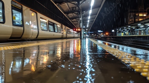 Night train platform, wet surface reflecting lights.