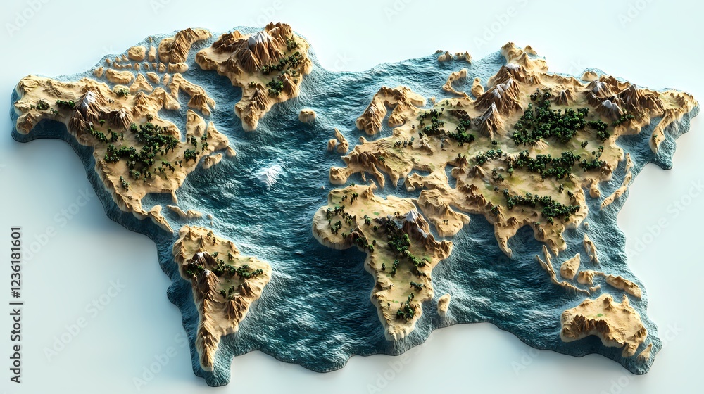 Obraz premium 3D Model of World Map Highlighting Mountains and Greenery Details