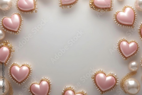 Elegant Pink Hearts with Pearls and Gold Accents: Romantic Frame