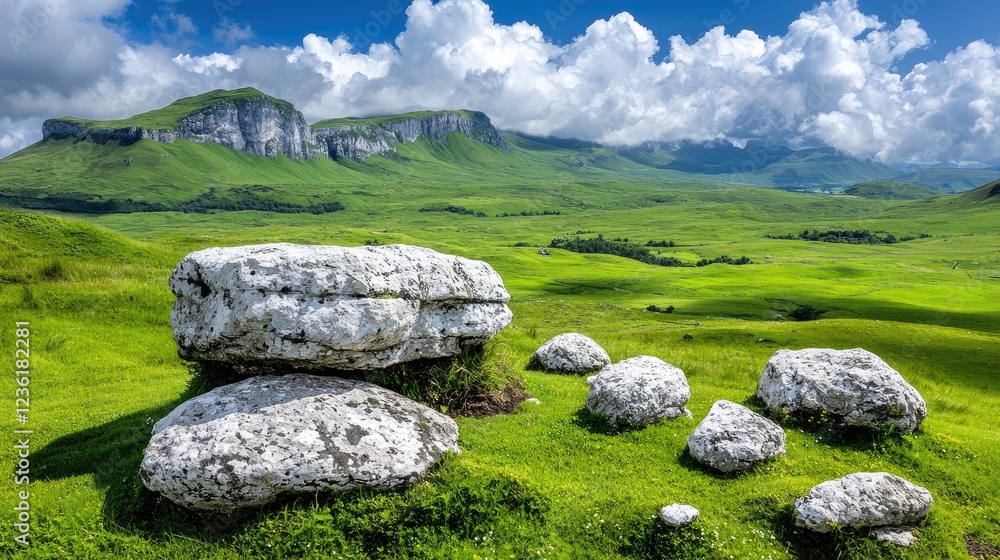 Mountain meadow rocks sunny day landscape travel poster Mountain meadow rocks sunny day landscape travel poster