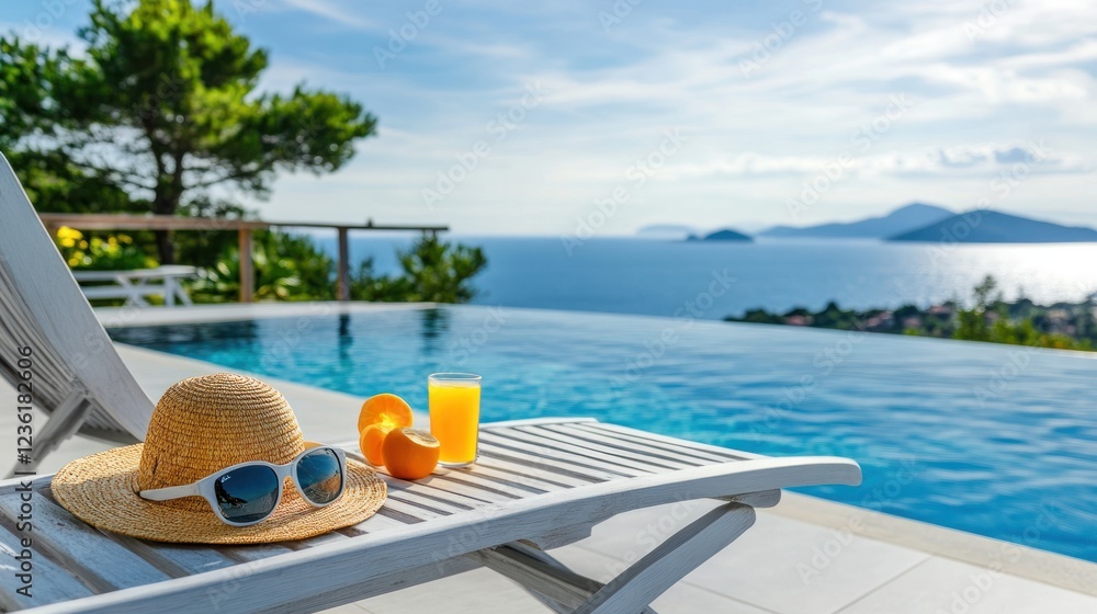 Obraz premium Relaxing poolside scene with hat, drink, and ocean view