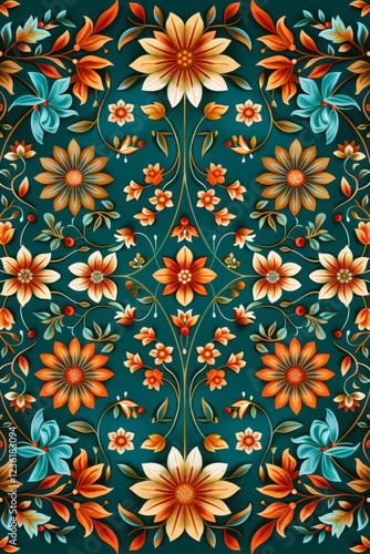 Wallpaper Mural A vibrant floral pattern featuring detailed flowers and leaves in warm hues of orange, yellow, and blue against a deep teal background, Ideal for textiles, wallpapers, or invitations, Torontodigital.ca