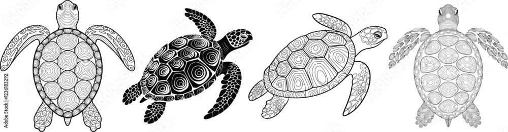 Fototapeta premium Silhouette sea turtle pet vector black and white with vintage outline style on white background.