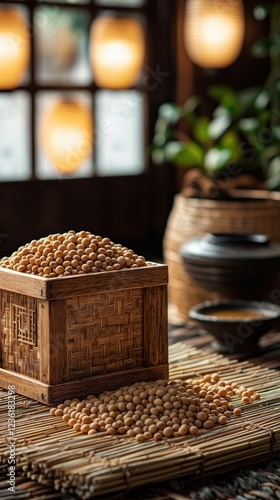 Spilled soybeans from a masu box in a serene shrine setting photo