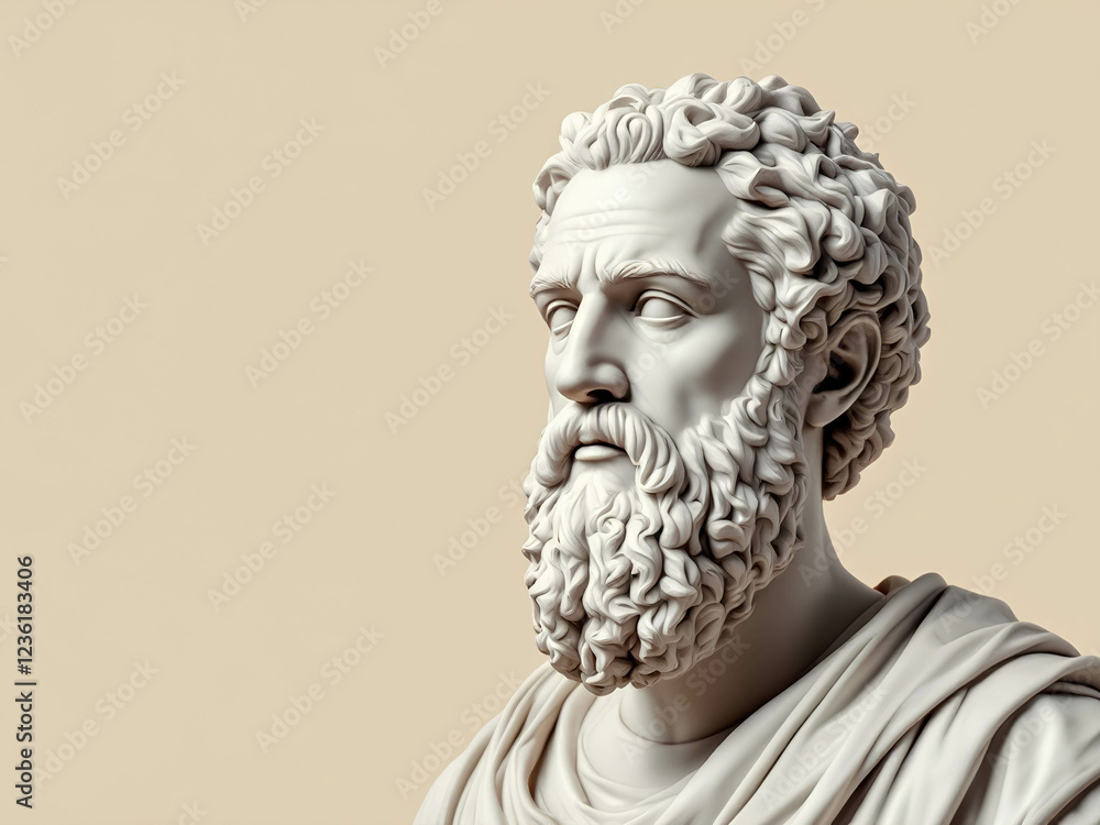 Marble sculpture of the ancient Greek philosopher and sage, bust of the ancient thinker on a beige background with space for text. Marble sculpture of the ancient Greek philosopher and sage, bust of the ancient thinker on a beige background with space for text.