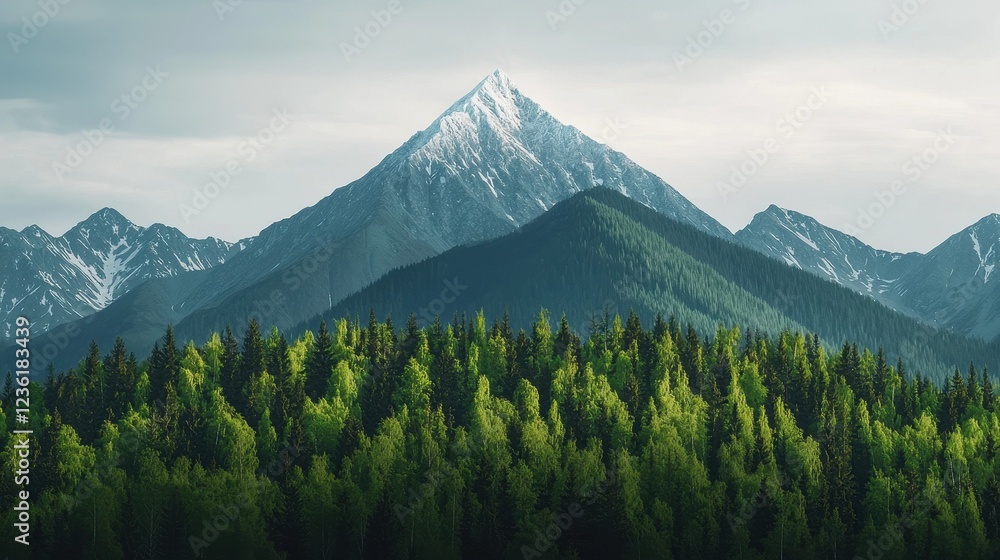 Fototapeta premium Majestic Snow-Capped Mountain Above Lush Green Forest Landscape