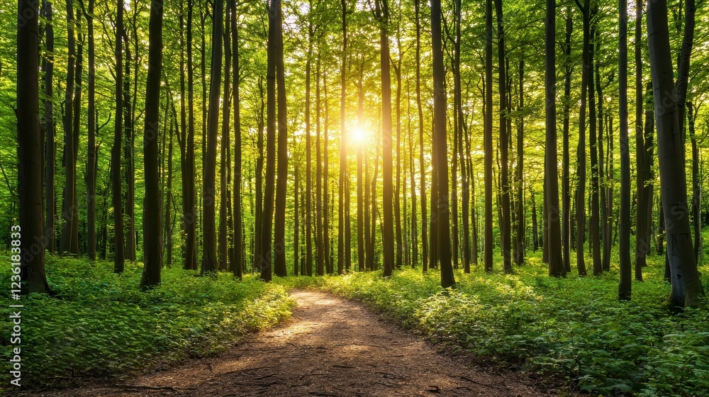 Obraz premium Tranquil Forest Pathway Surrounded by Lush Green Trees and Soft Sunlight Filtering Through Leaves