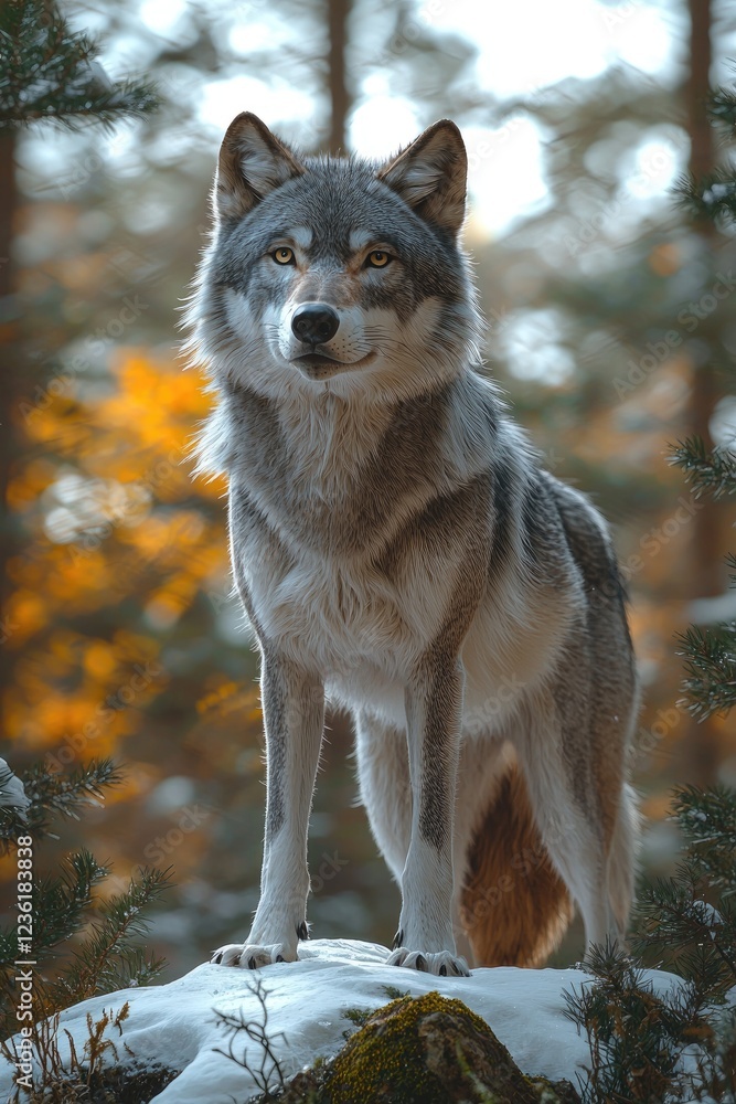 Fototapeta premium Majestic Grey Wolf Stands Proudly in Winter Woods
