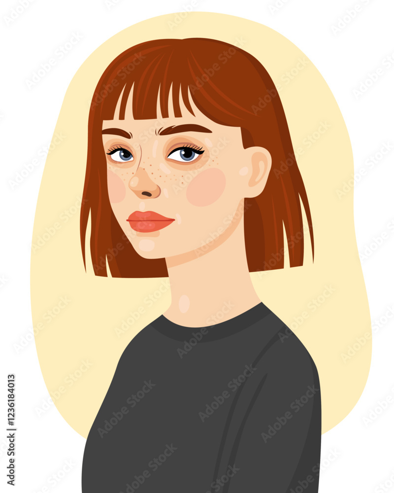 Portrait of a young woman with short brown hair and blue eyes. Women's day. Pretty european girl. Vector illustration. Portrait of a young woman with short brown hair and blue eyes. Women's day. Pretty european girl. Vector illustration.