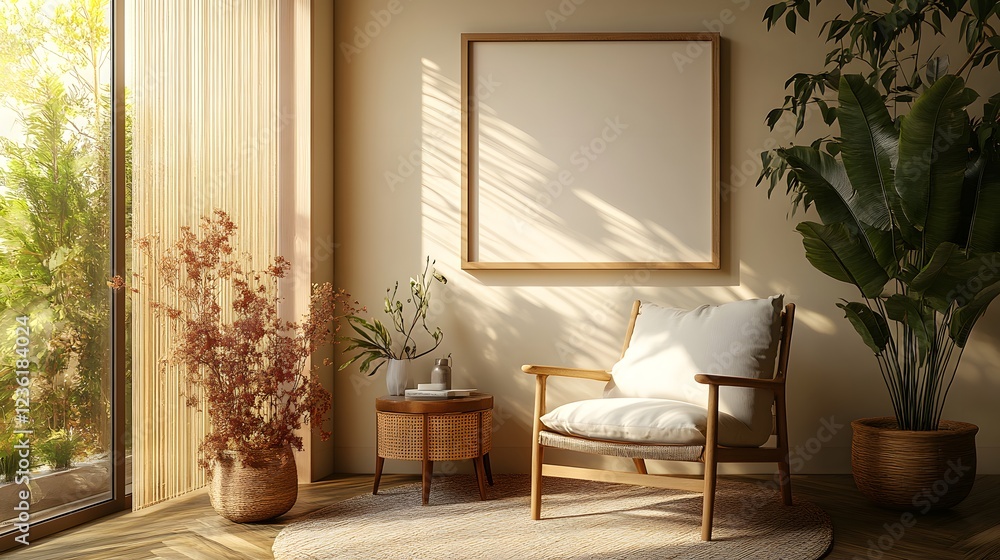 Home interior a mock up frame standing on a small side table next to minimal decor Soft lighting enhances the clean lines and simplicity of the space Detailed 3D render Home interior a mock up frame standing on a small side table next to minimal decor Soft lighting enhances the clean lines and simplicity of the space Detailed 3D render