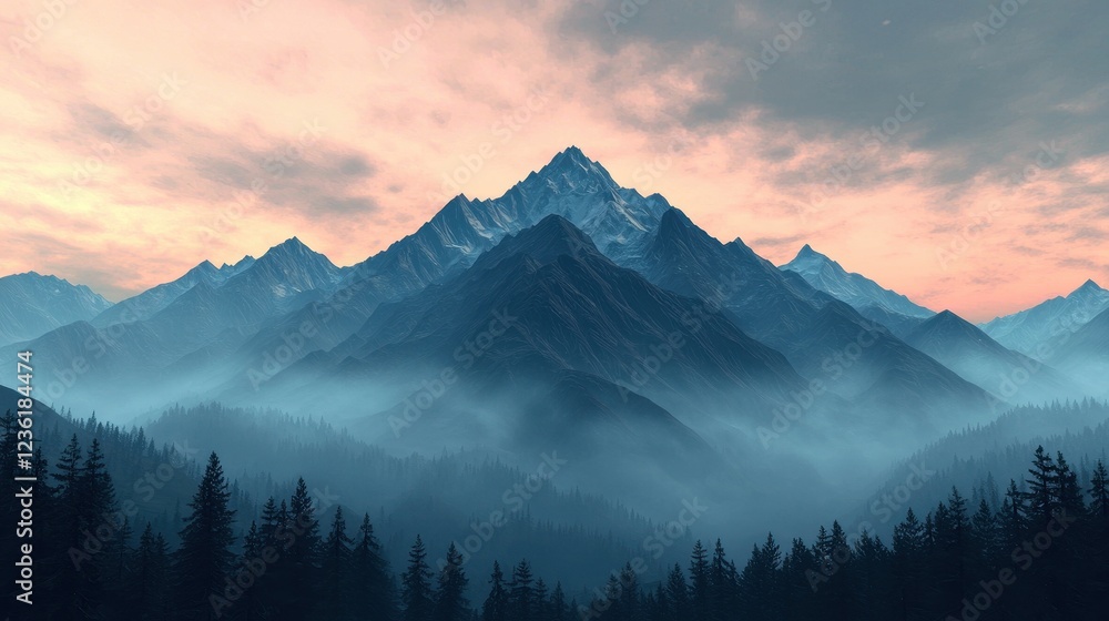 Obraz premium Majestic Mountain Range at Dusk with Mist and Pine Forests