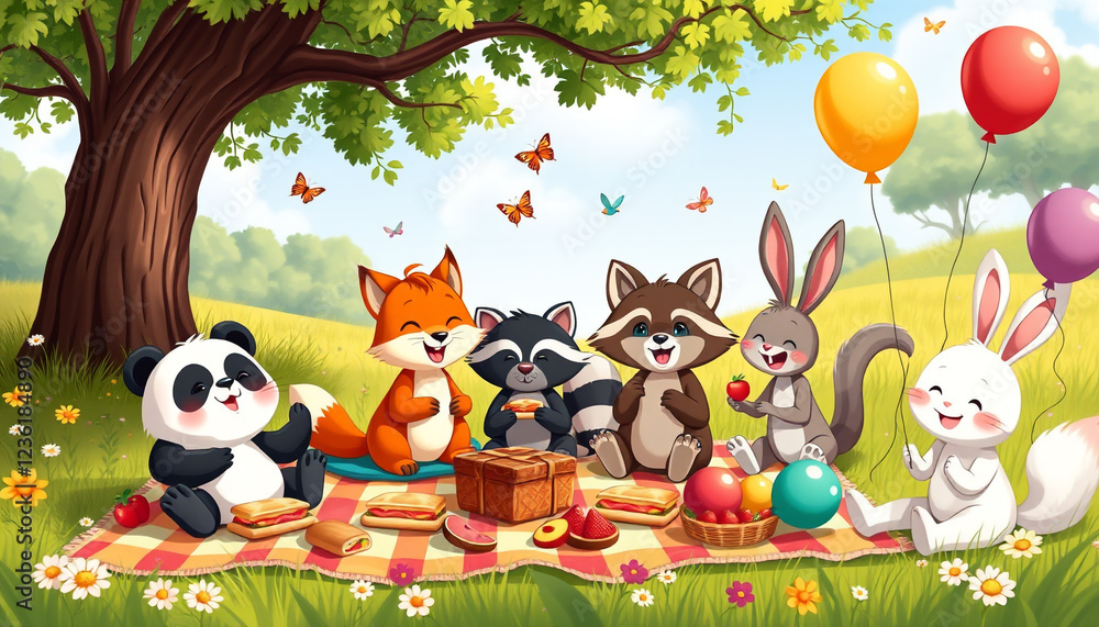 Fototapeta premium A group of adorable cartoon animals, including a panda, fox, raccoon, and rabbits, enjoying a fun picnic under a tree with balloons and treats, creating a cheerful and playful scene.
