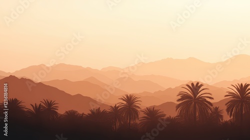 Serene Desert Landscape with Silhouettes of Palm Trees and Mountains at Sunset