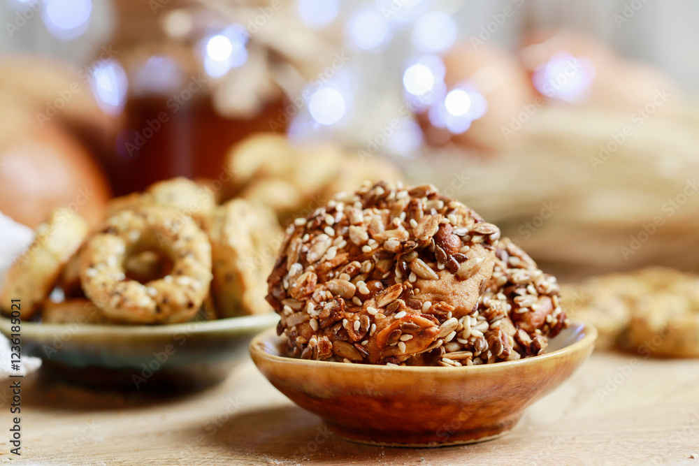 Flapjack cookies with seeds on the table.