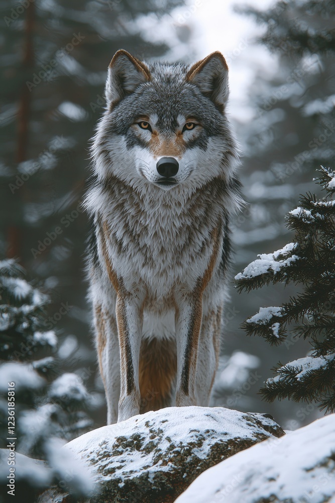 Obraz premium Majestic Gray Wolf Standing on Snowy Rock in Winter Forest