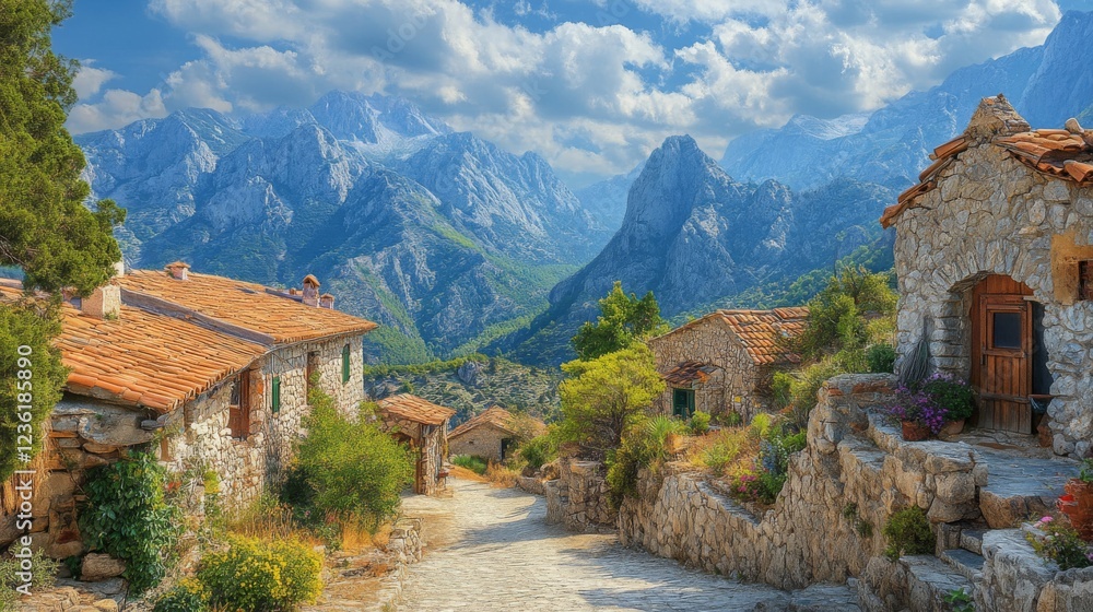 Picturesque Mountain Village nestled among Majestic Peaks Picturesque Mountain Village nestled among Majestic Peaks
