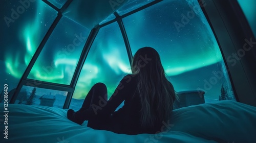 Woman watching Aurora Borealis from glass igloo