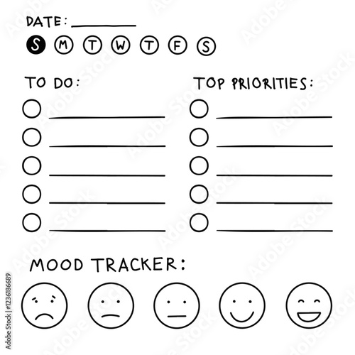 Habit tracker with hand drawn text "Let 's try it" and doodle style. School diary. Stationery notebook on isolate background.